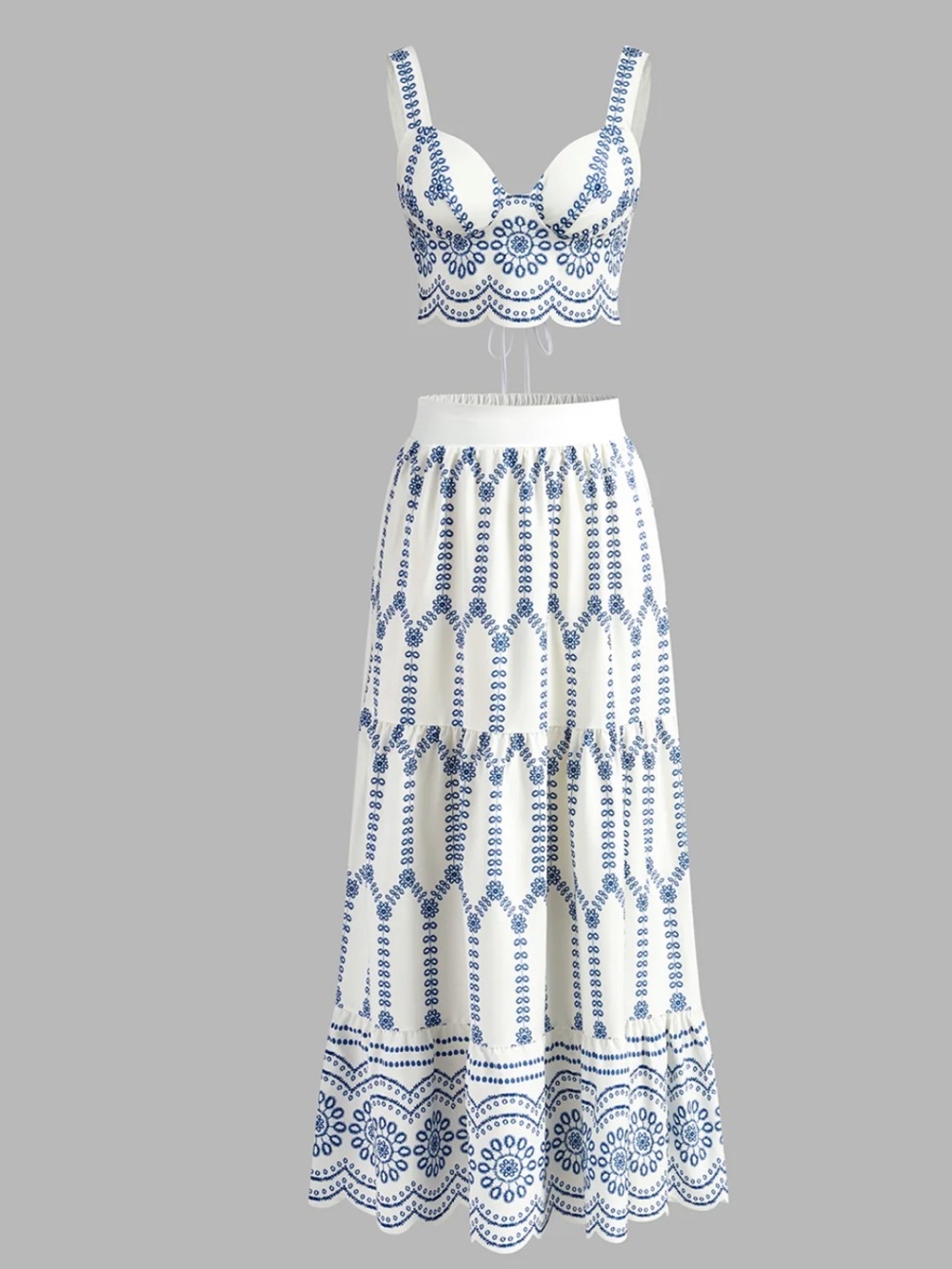 NWT Commense White With Blue Printed Sleeveless Tie Back Skirt Set